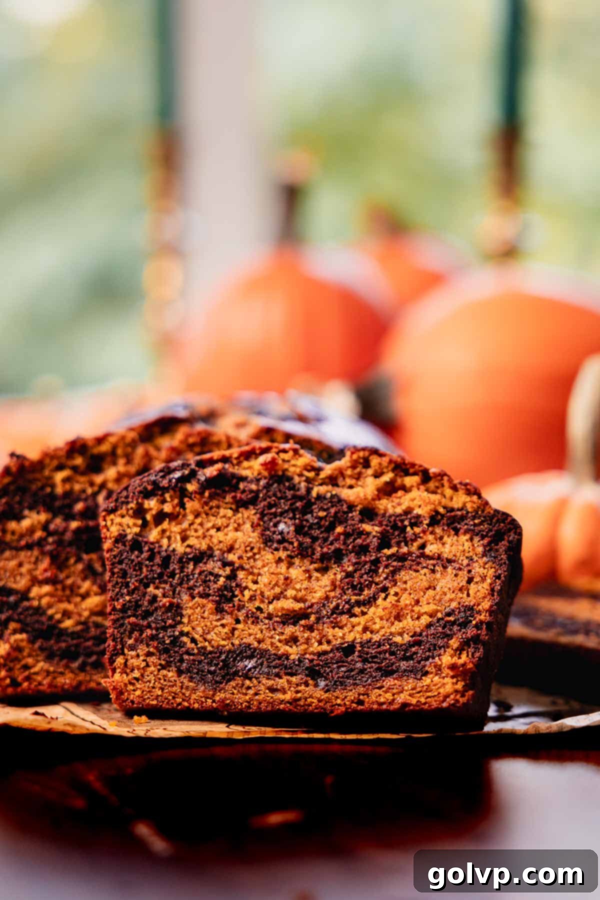 close-up of a slice of pumpkin bread swirled with chocolate and mini chocolate chips