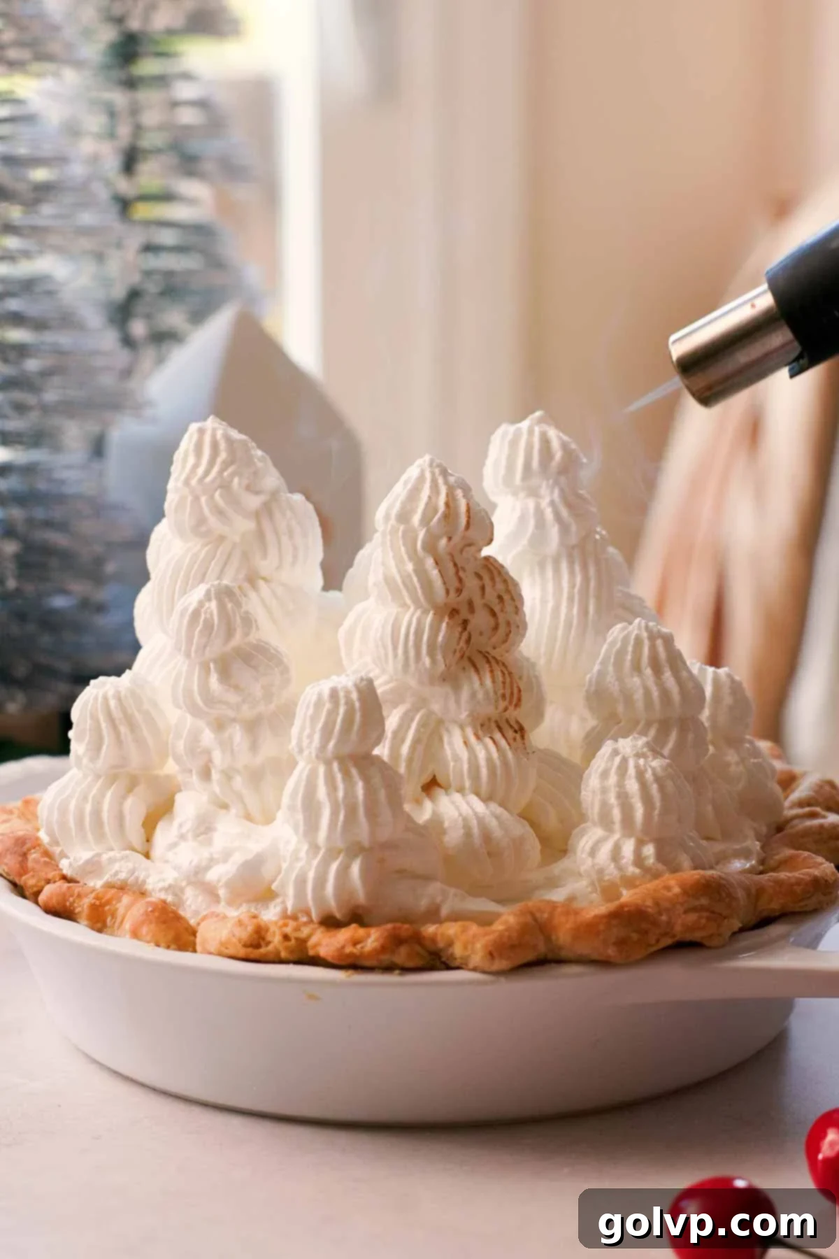 toasting meringue trees with a blow torch