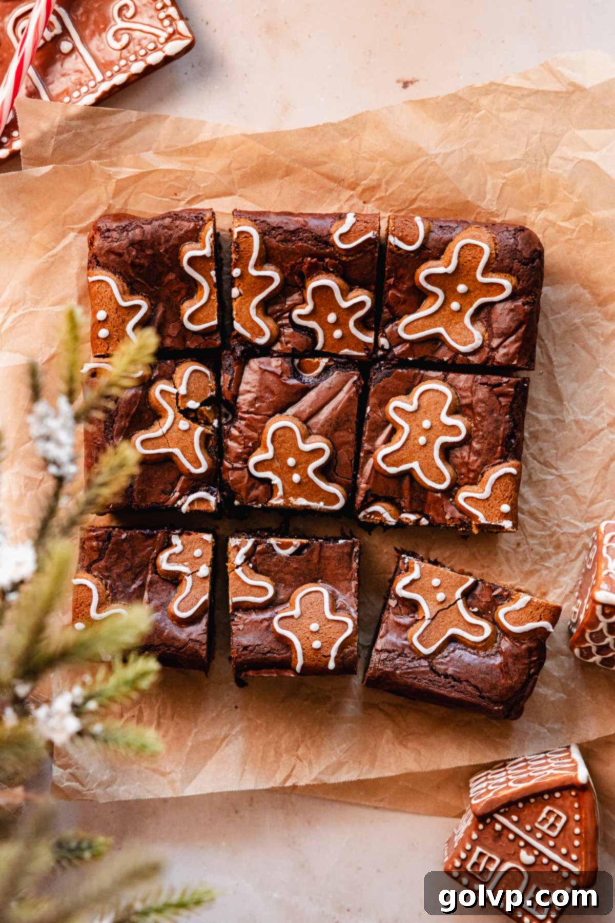 gingerbread brownies with piped decorations