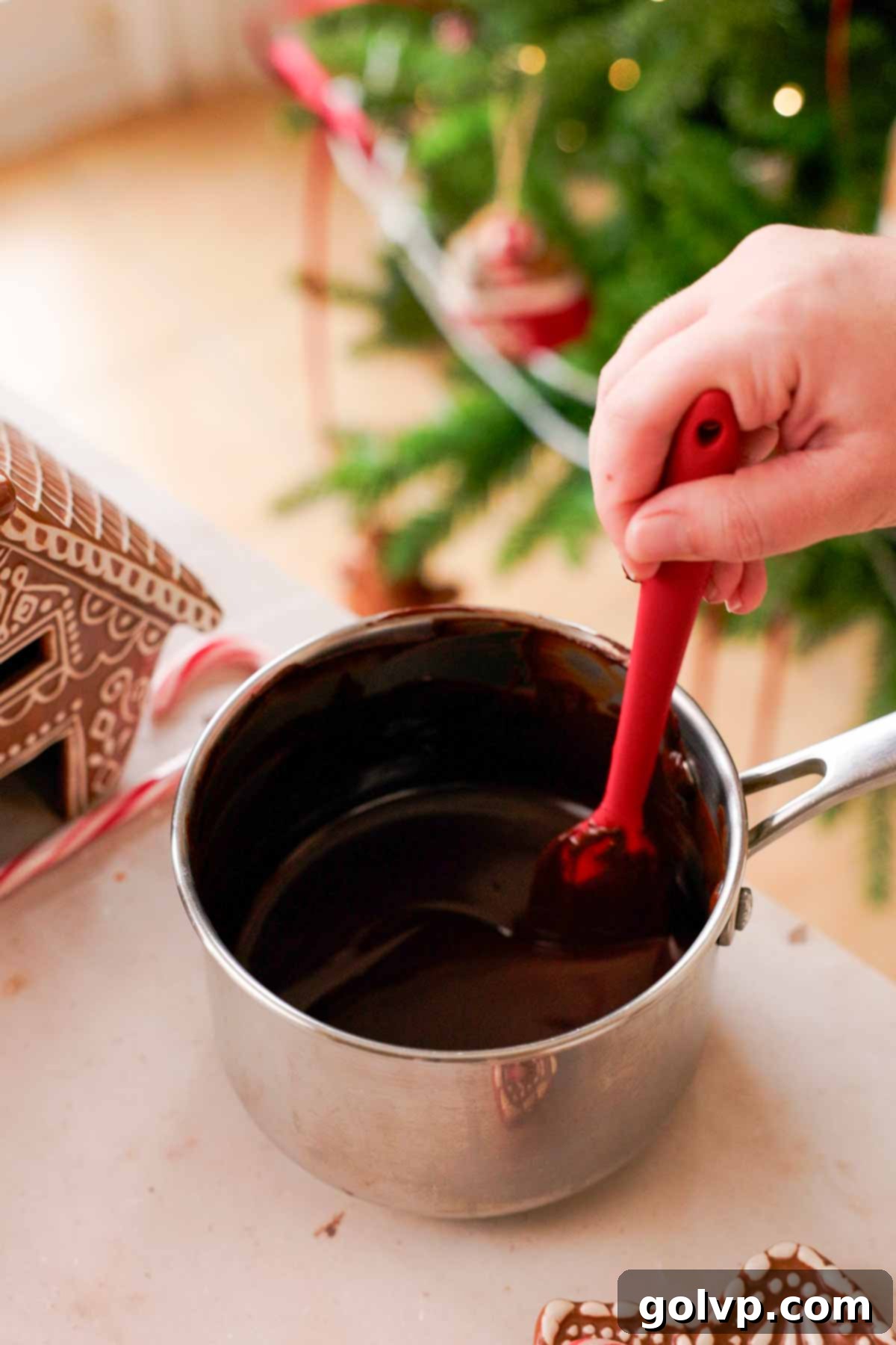 stirring melted chocolate chips and butter in small saucepan