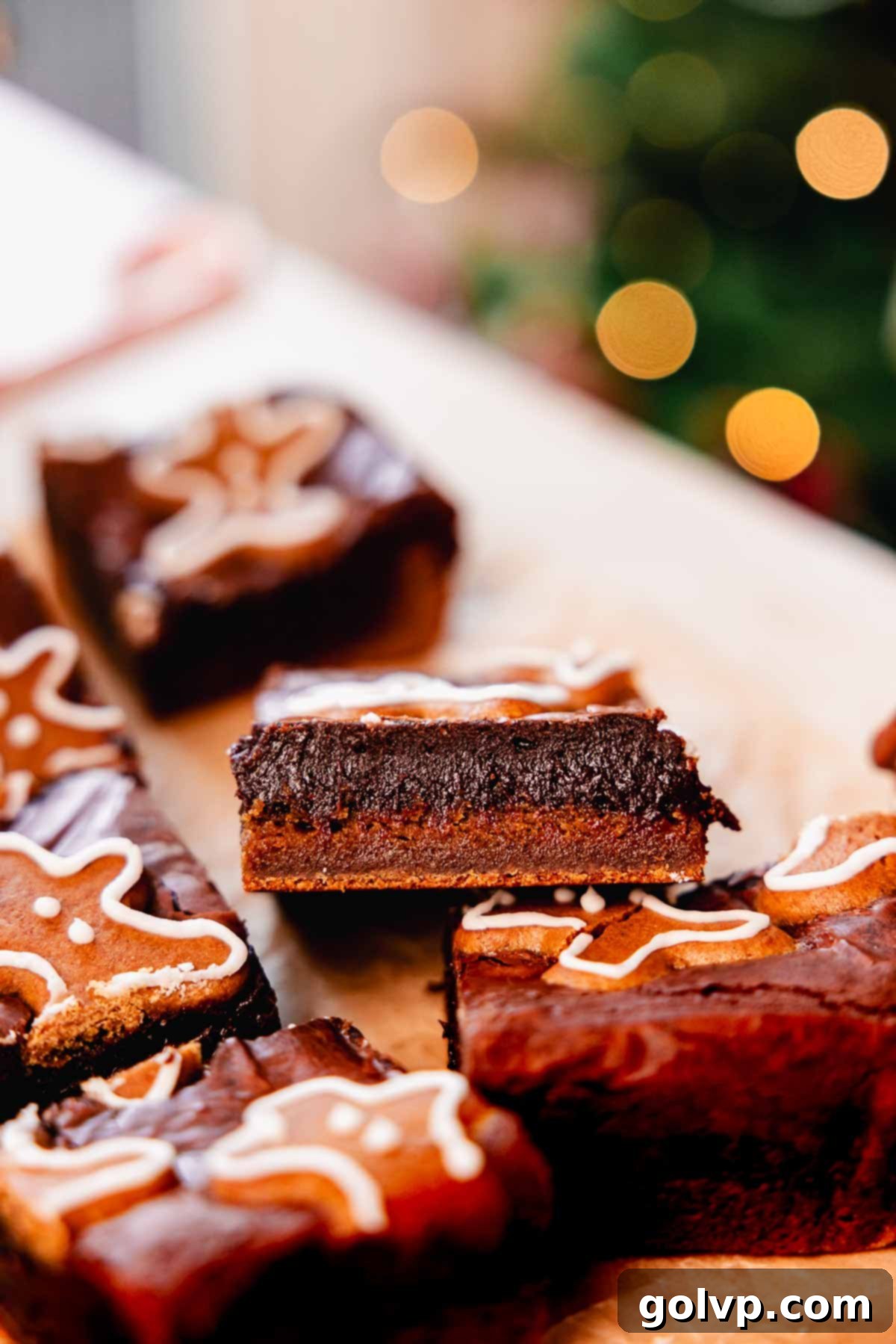 cross section close-up of gooey gingerbread brownie