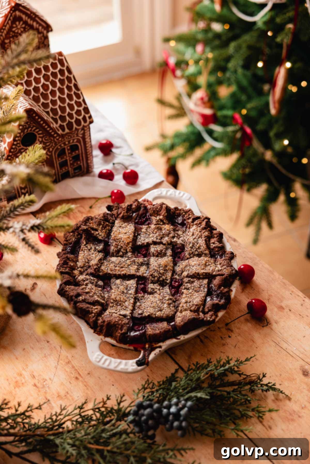 Decadent Chocolate Cherry Black Forest Pie 11 baked chocolate cherry pie in ceramic pie tin