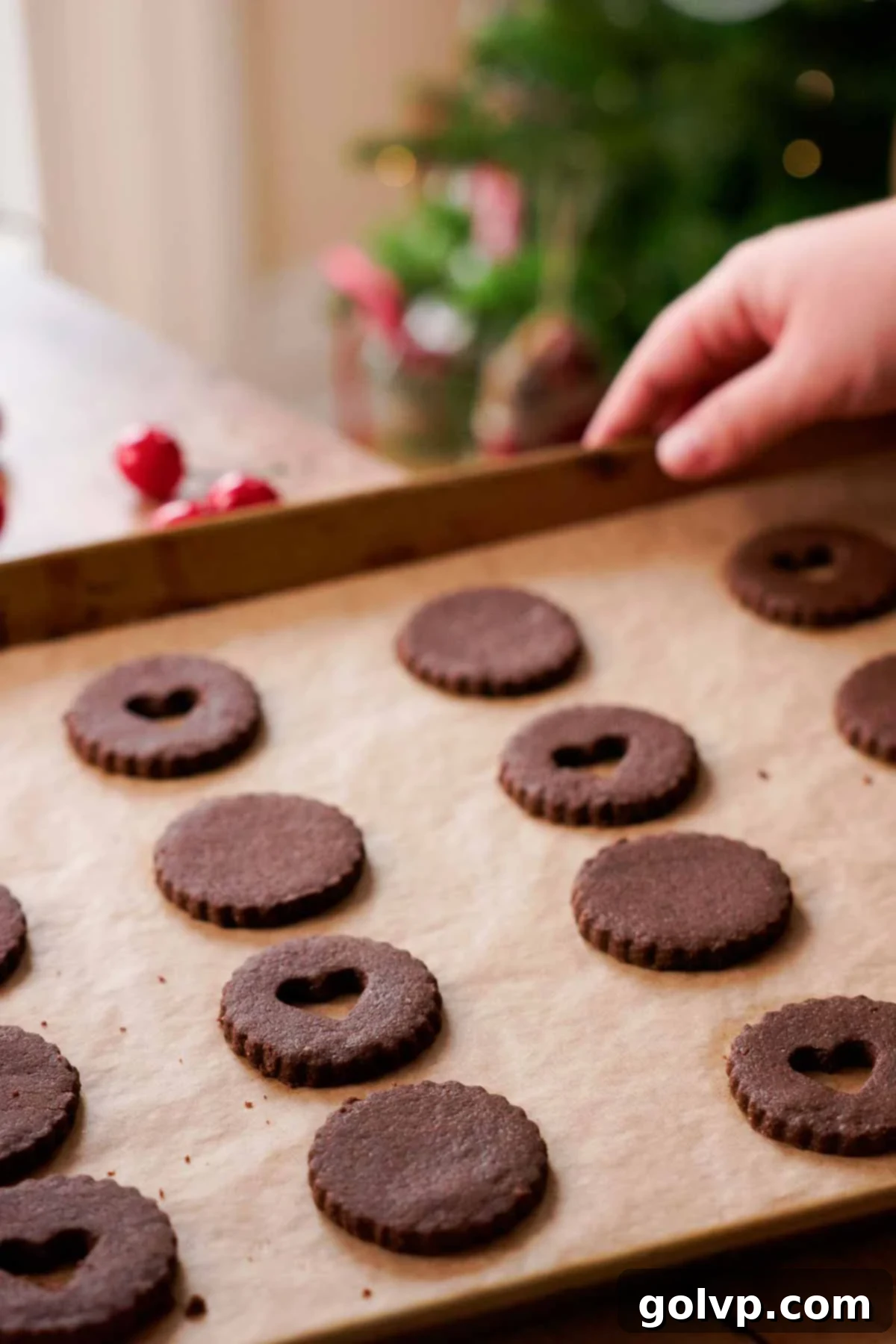 baked chocolate almond linzer cookies on baking sheet