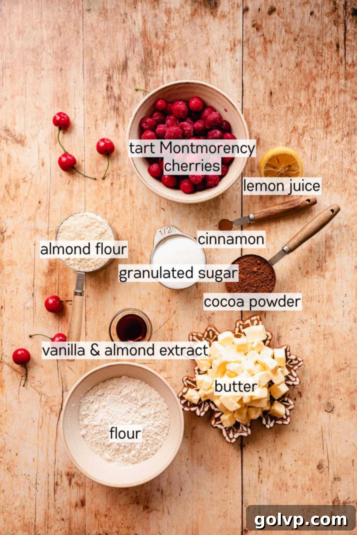 ingredients for chocolate cherry almond linzer cookies in bowls