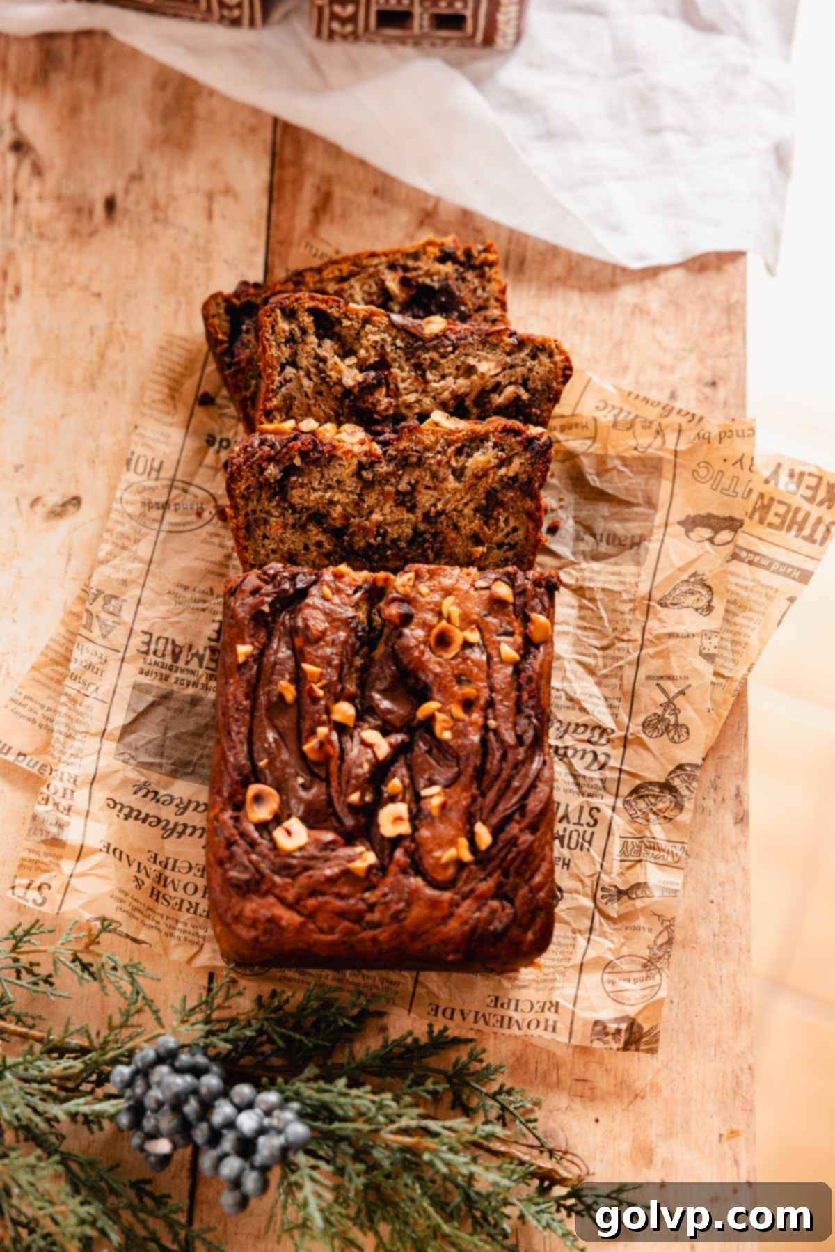 Irresistible Nutella Banana Bread 12 sliced chocolate hazelnut Nutella banana bread ready to eat