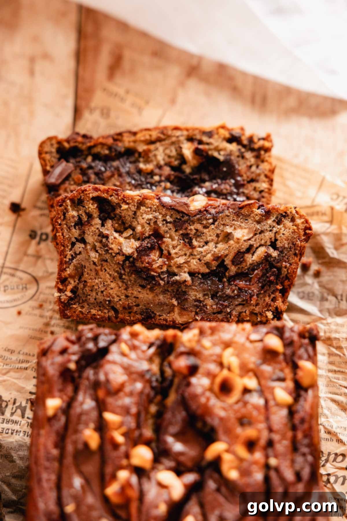 Irresistible Nutella Banana Bread 3 closeup of moist Nutella banana bread slices with chocolate hazelnut swirl