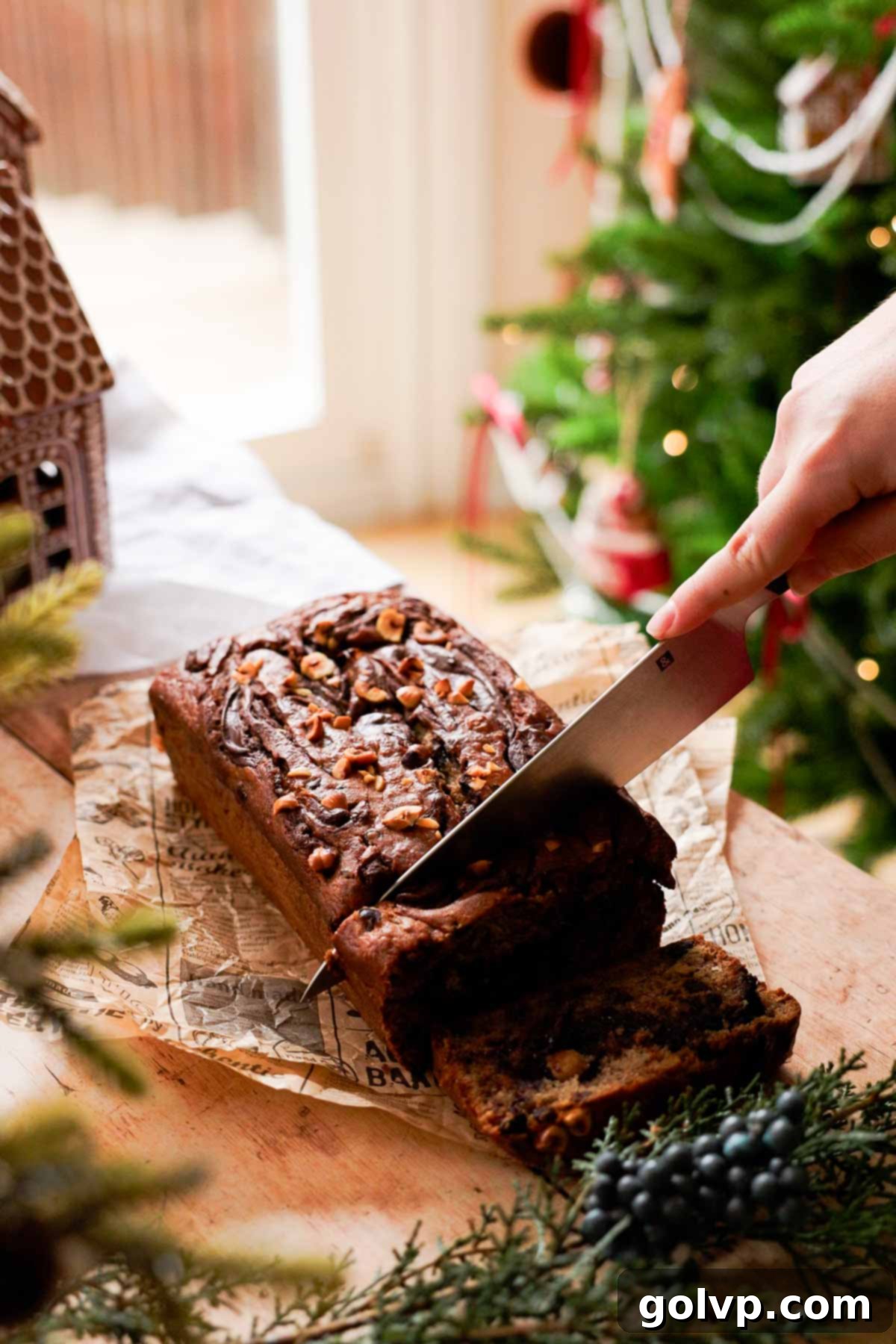 Irresistible Nutella Banana Bread 10 slicing freshly baked chocolate hazelnut Nutella banana bread
