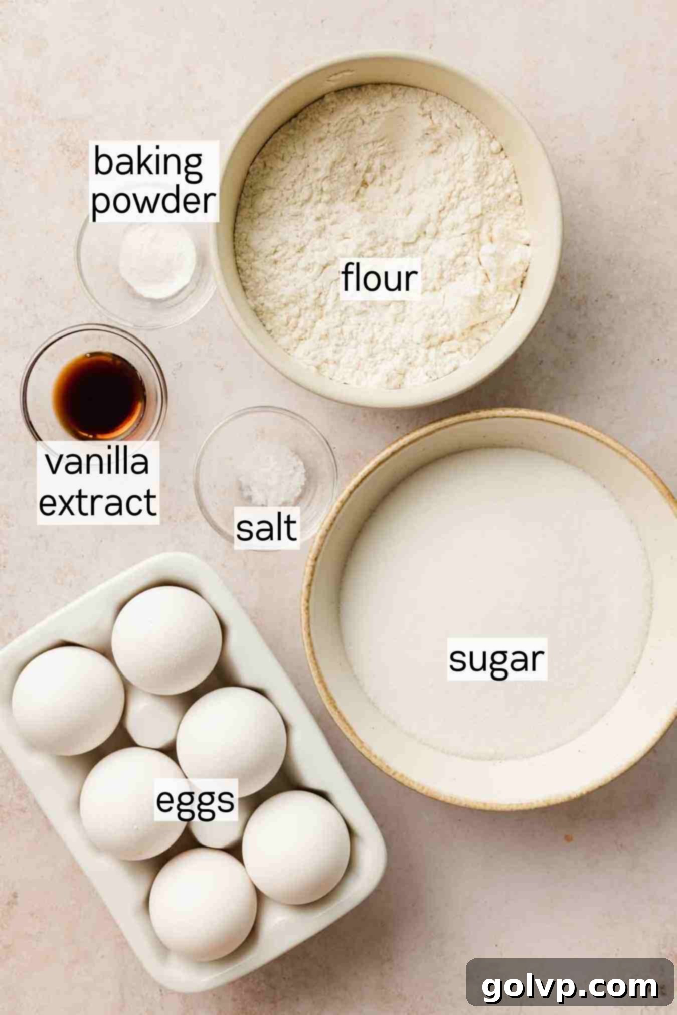 Room temperature eggs, granulated sugar, all-purpose flour, and vanilla extract, key components for a flexible Swiss roll sponge cake.