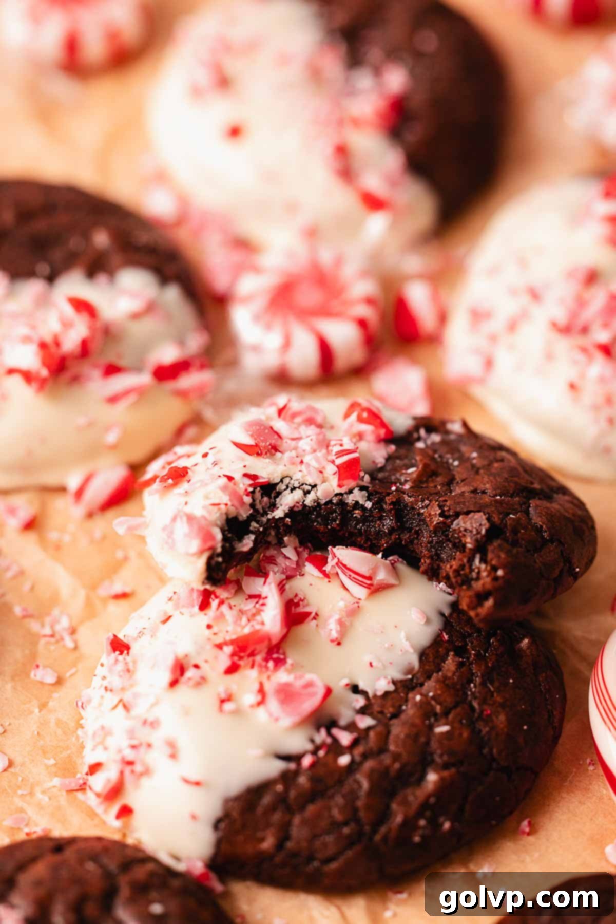 bitten fudgy brownie crinkle cookie showing its soft, dense interior