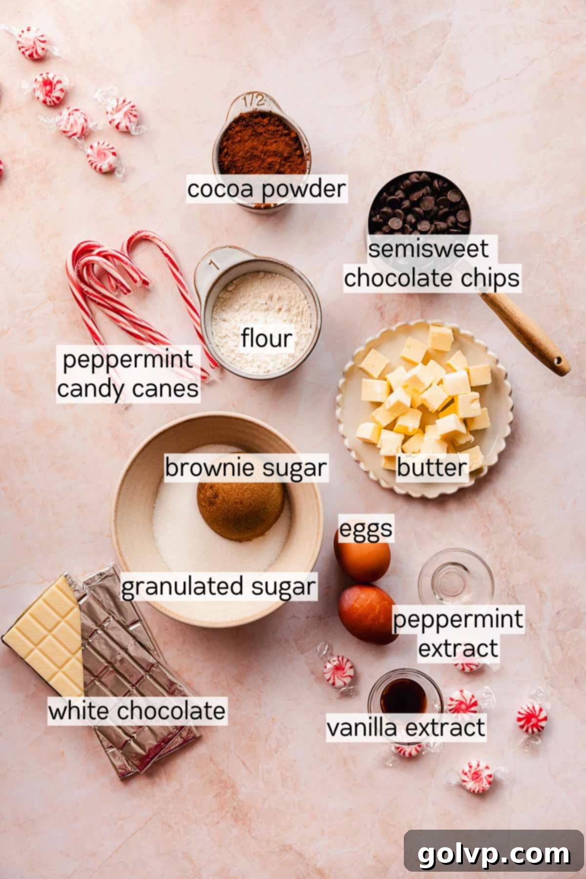 peppermint brownie cookie ingredients laid out in bowls
