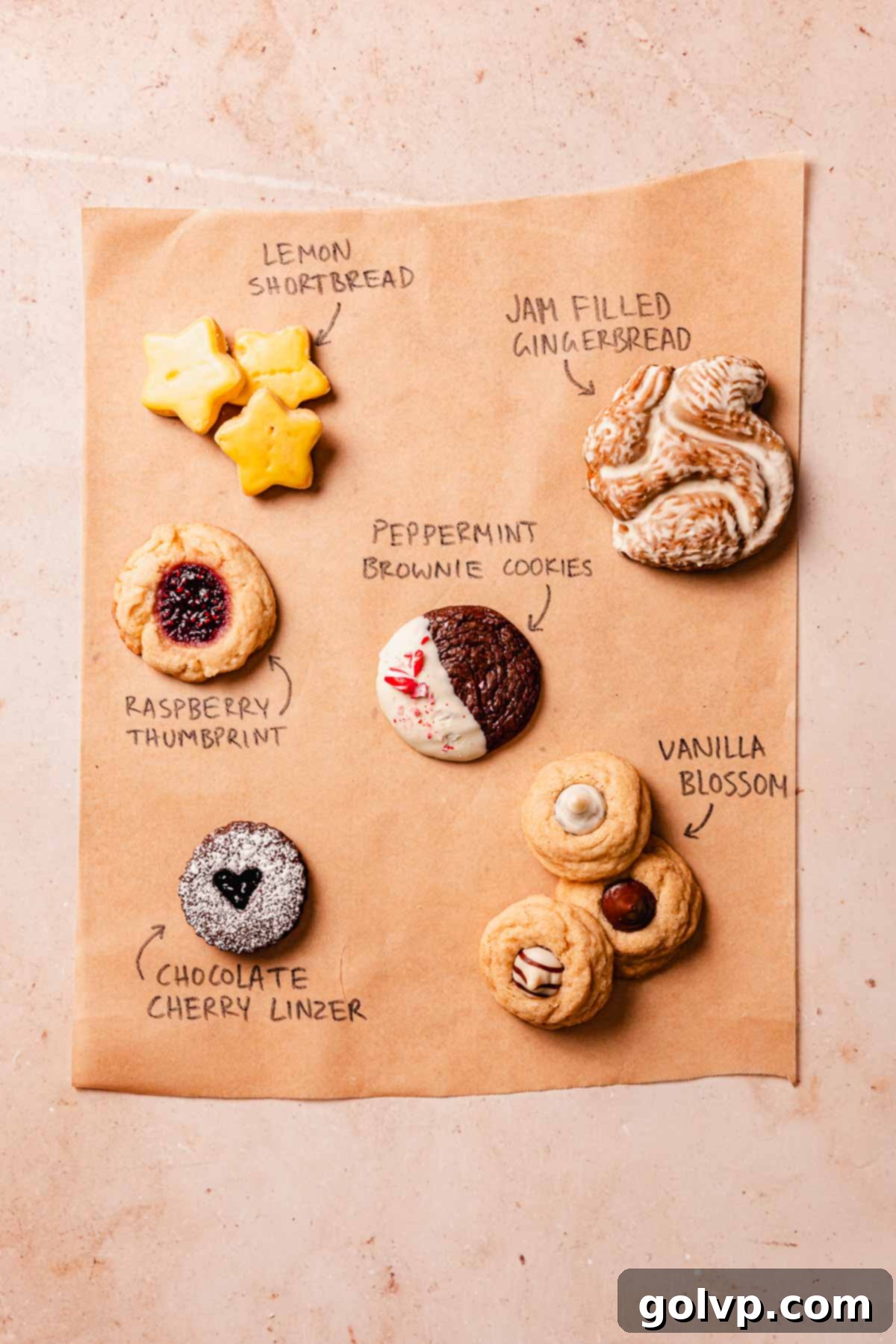Holiday Cookie Delights 2024 2 labelled Christmas cookies on parchment paper, showcasing a variety of festive holiday treats for gifting