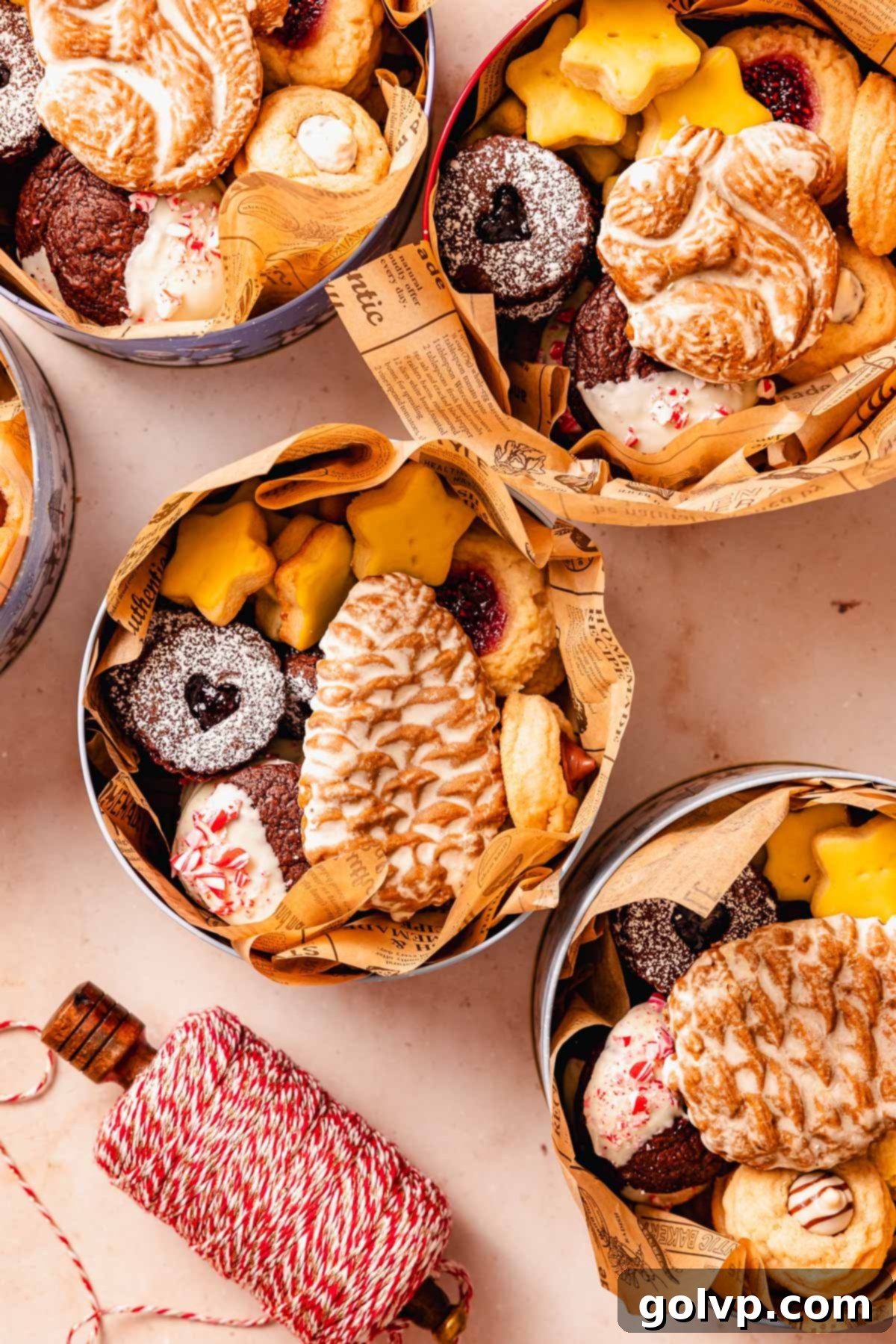 Holiday Cookie Delights 2024 3 holiday cookie box inspiration in cookie tins, filled with a festive assortment of homemade cookies