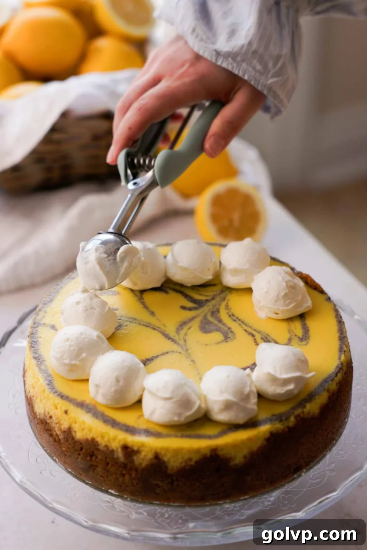 Lemon Poppy Seed Cheesecake Perfection 18 scooping dollops of whipped cream onto lemon poppy seed cheesecake