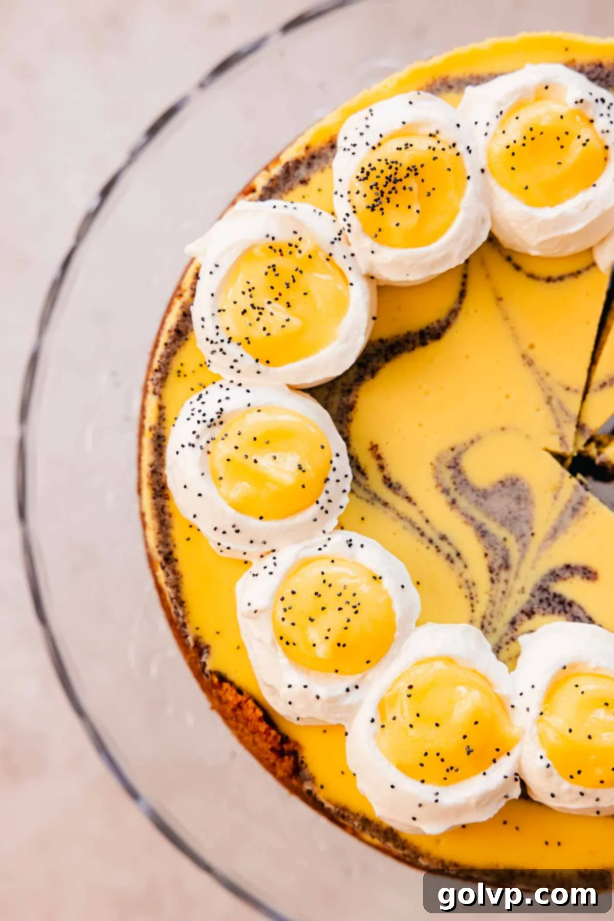 Lemon Poppy Seed Cheesecake Perfection 22 cheesecake topped with dollops of whipped cream filled with lemon curd