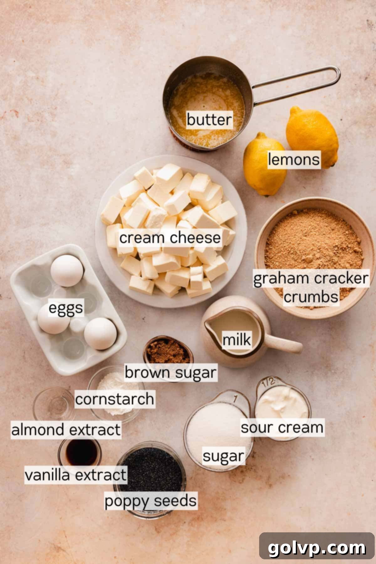 Lemon Poppy Seed Cheesecake Perfection 4 lemon poppy seed cheesecake ingredients in bowls