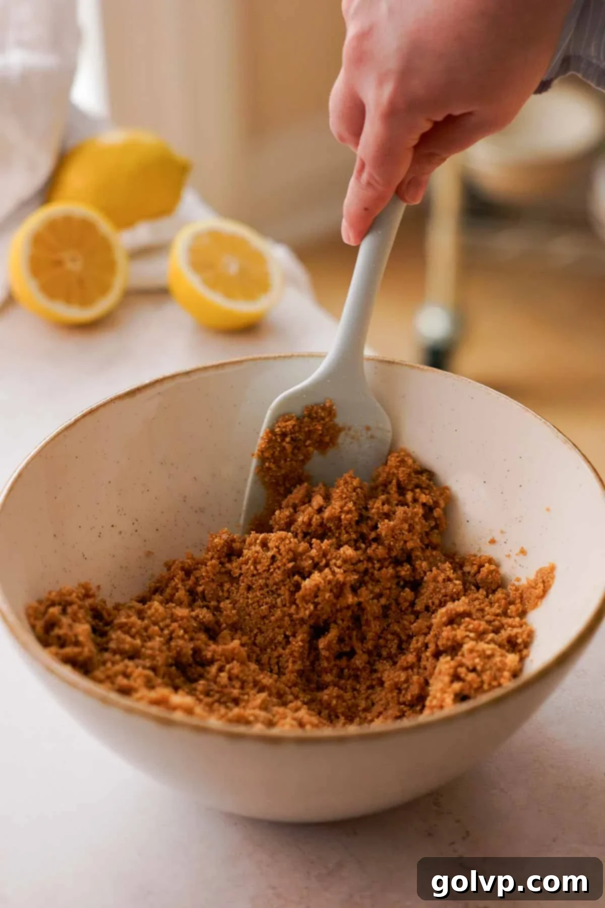 Lemon Poppy Seed Cheesecake Perfection 5 stirring graham cracker crumbs for cheesecake crust