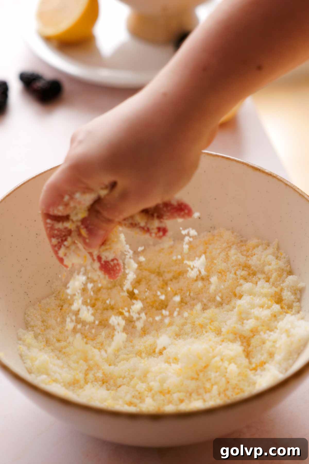 rubbing lemon zest and granulated sugar together with fingers to release aromatics