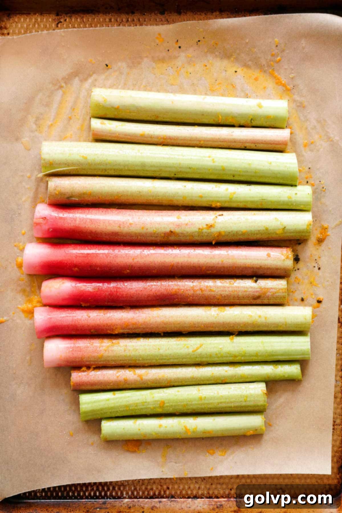 raw rhubarb tossed with orange, sugar, and vanilla