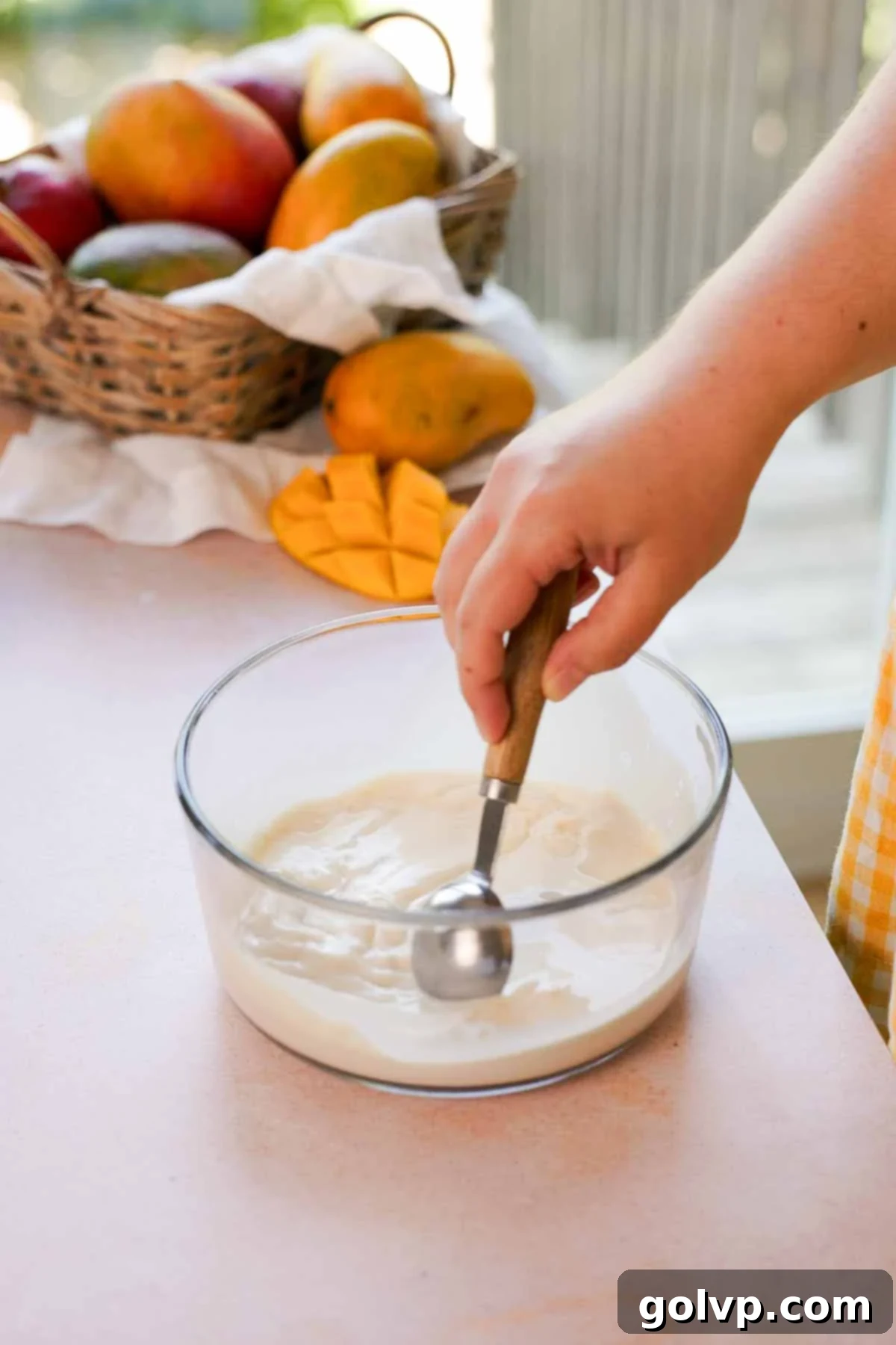 Milk, sugar, and vanilla extract being stirred in a wide soup bowl, creating the flavorful soak for the ladyfingers.