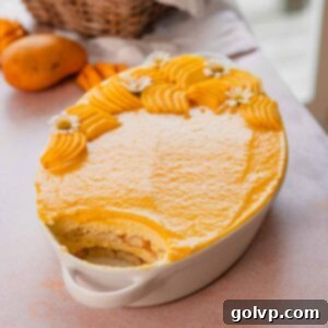 A close-up shot of a beautifully prepared mango tiramisu, garnished with fresh mango curd and slices of ripe mango, presented in a white serving dish.