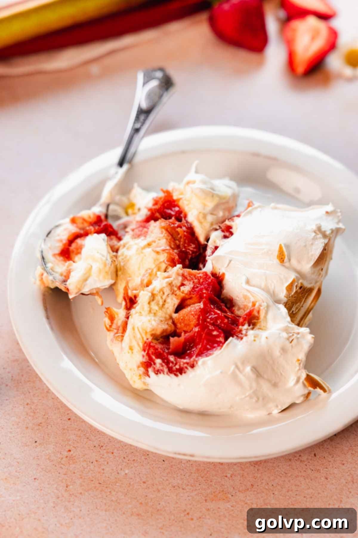 scoops of rhubarb custard trifle on a plate