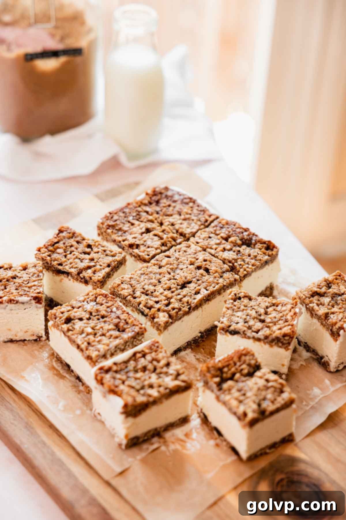 oatmeal ice cream sandwiches homemade and sliced on a cutting board