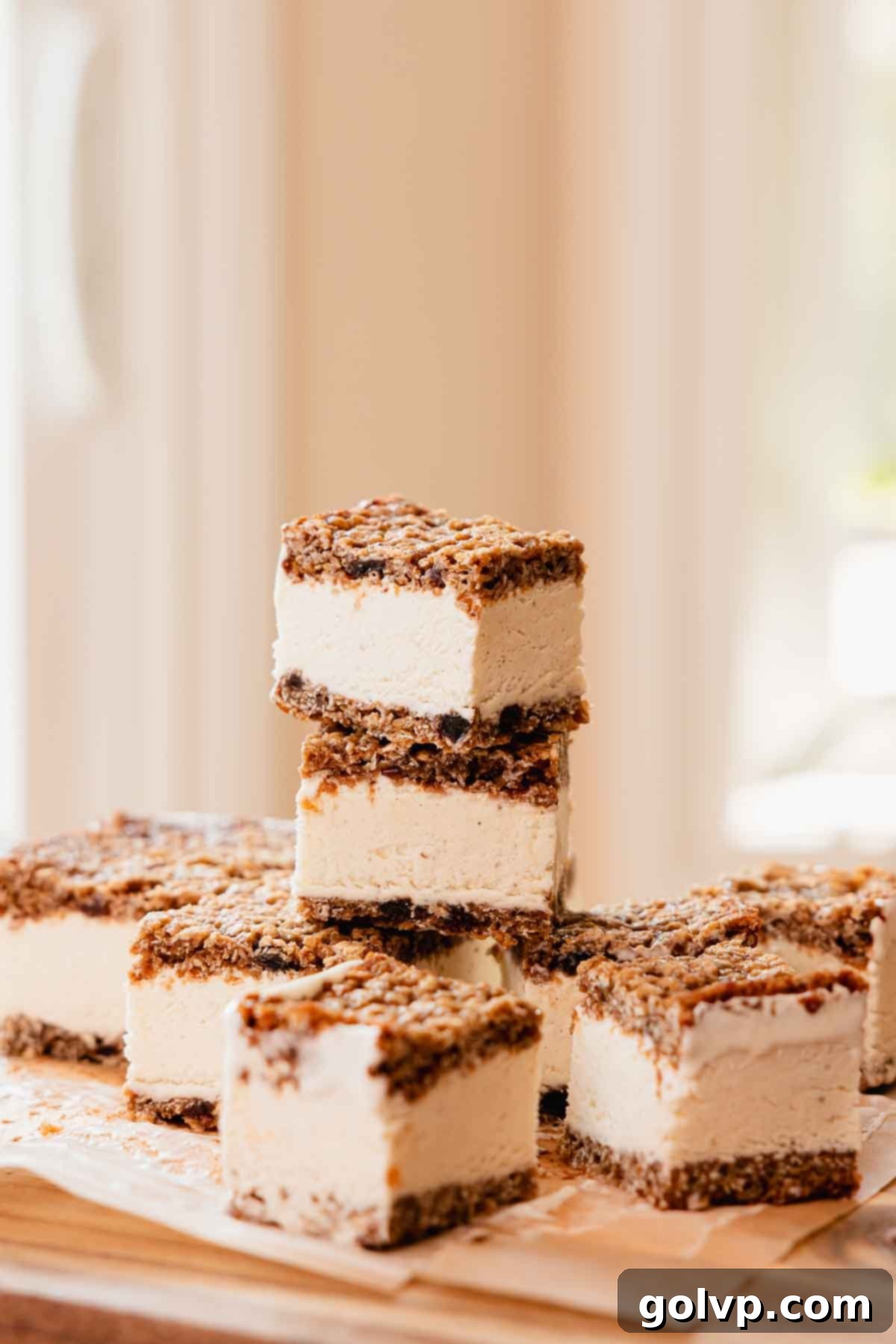 stacked ice cream sandwiches with oatmeal cookies