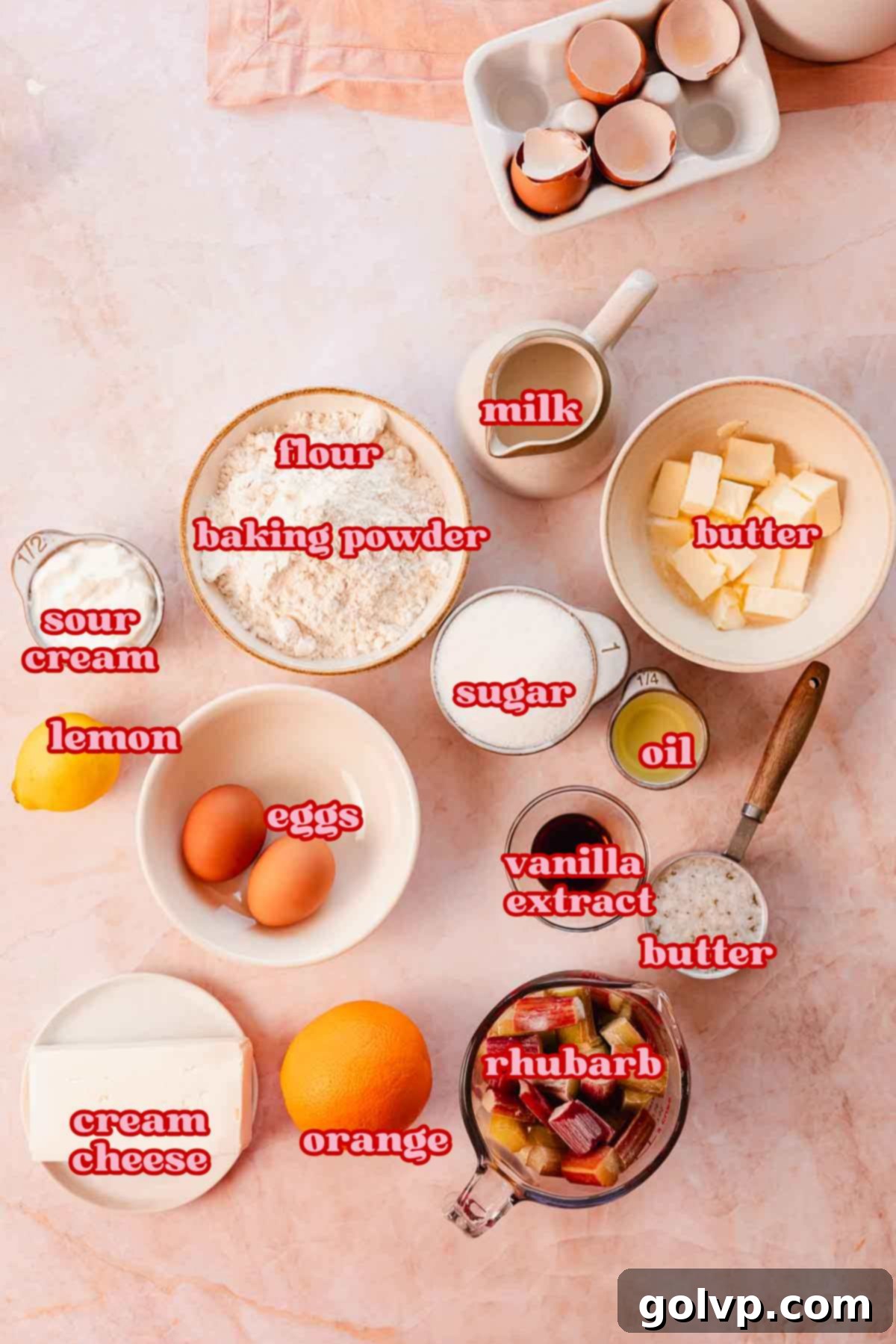 ingredients for rhubarb muffins in bowls