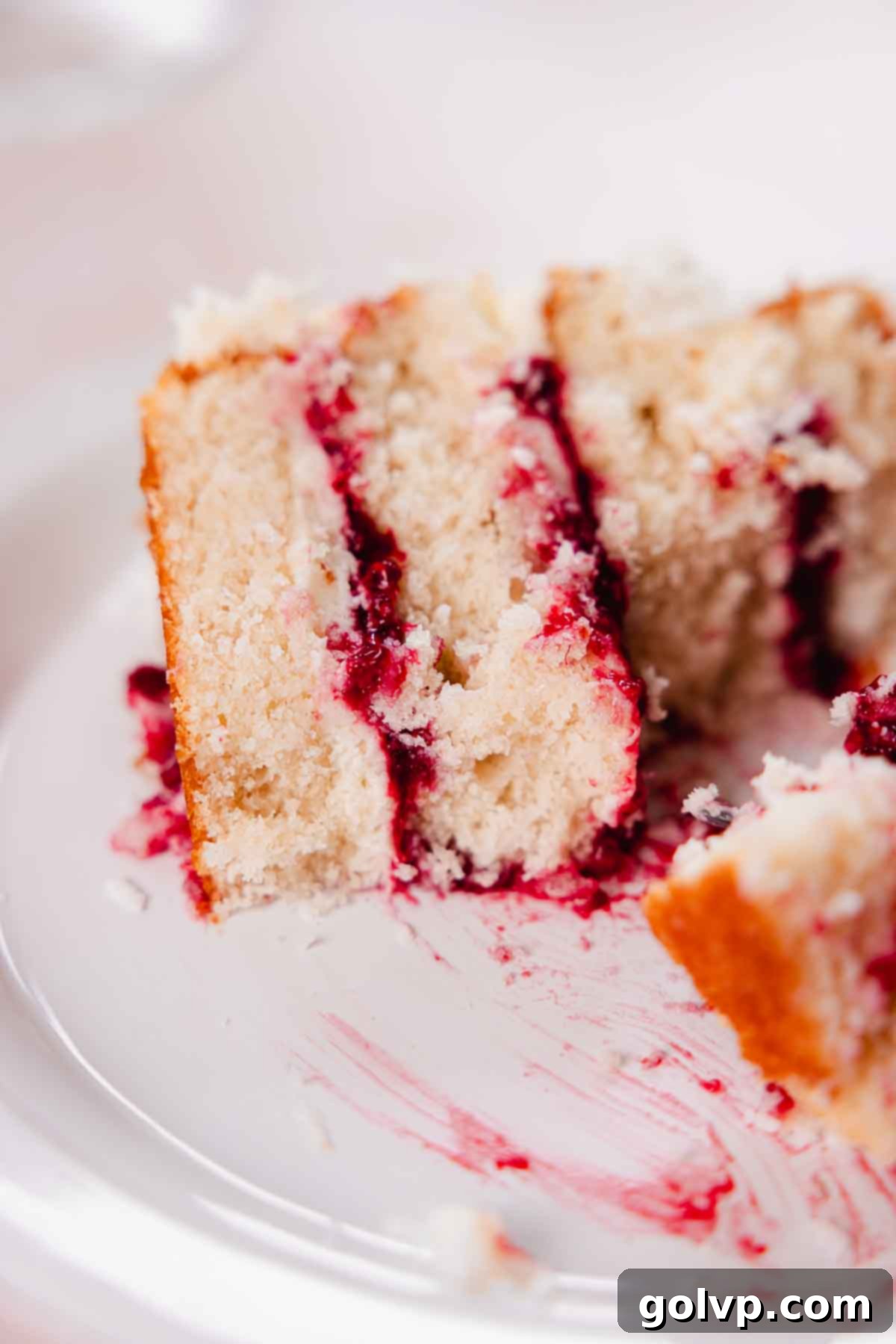 bitten coconut raspberry cake on a plate closeup soft texture