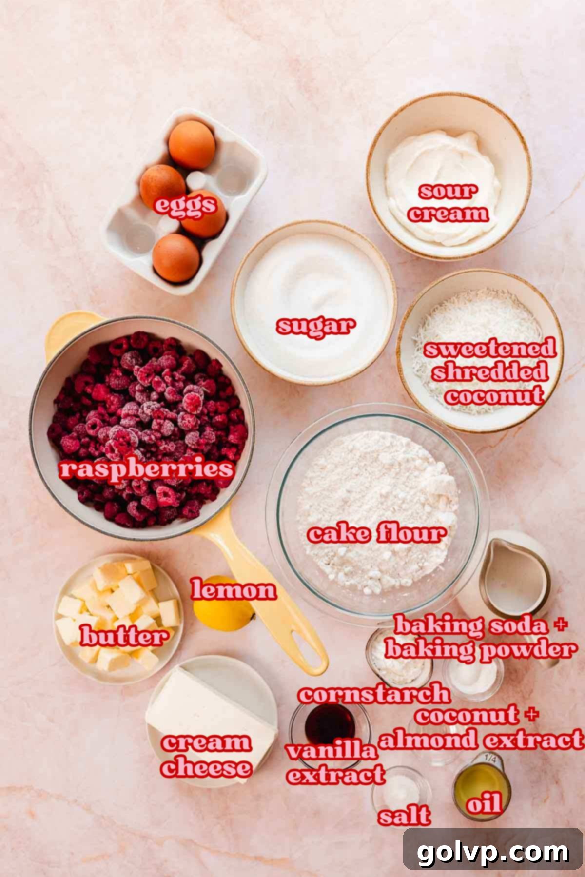 ingredients for raspberry coconut cake in bowls