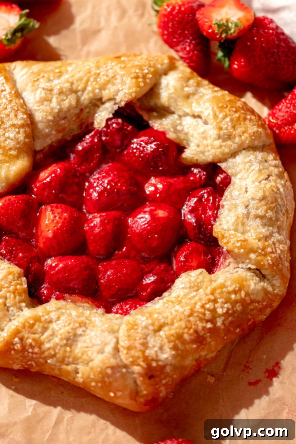 A baked strawberry galette on parchment paper, displaying its golden-brown, crunchy crust.