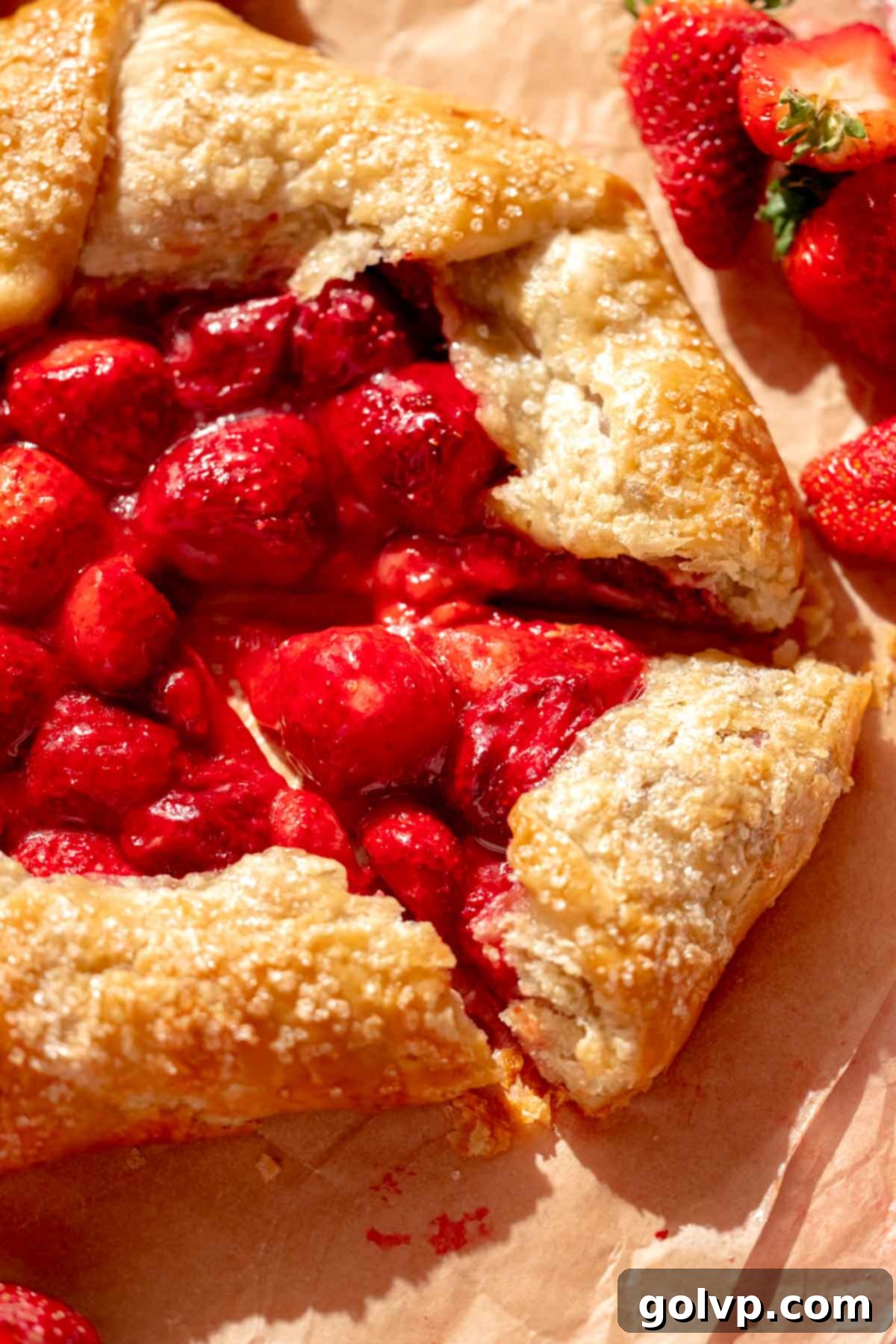 A generous slice of strawberry galette on a plate, showcasing its flaky crust and rich, fruit filling.