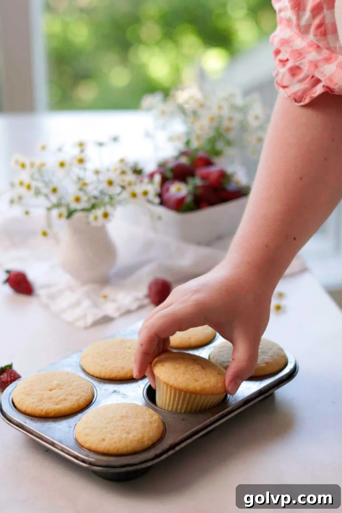 freshly baked unfrosted vanilla cupcakes in a cupcake baking tray
