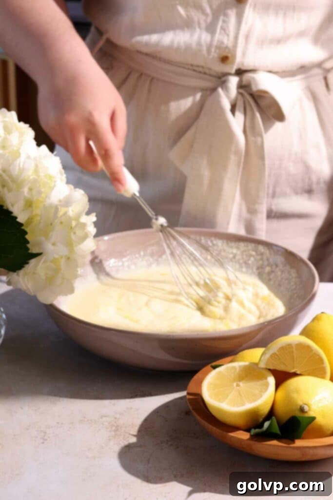 Mixing wet ingredients for fluffy blueberry lemon ricotta pancakes in a large bowl, showcasing the creamy texture before adding dry ingredients.