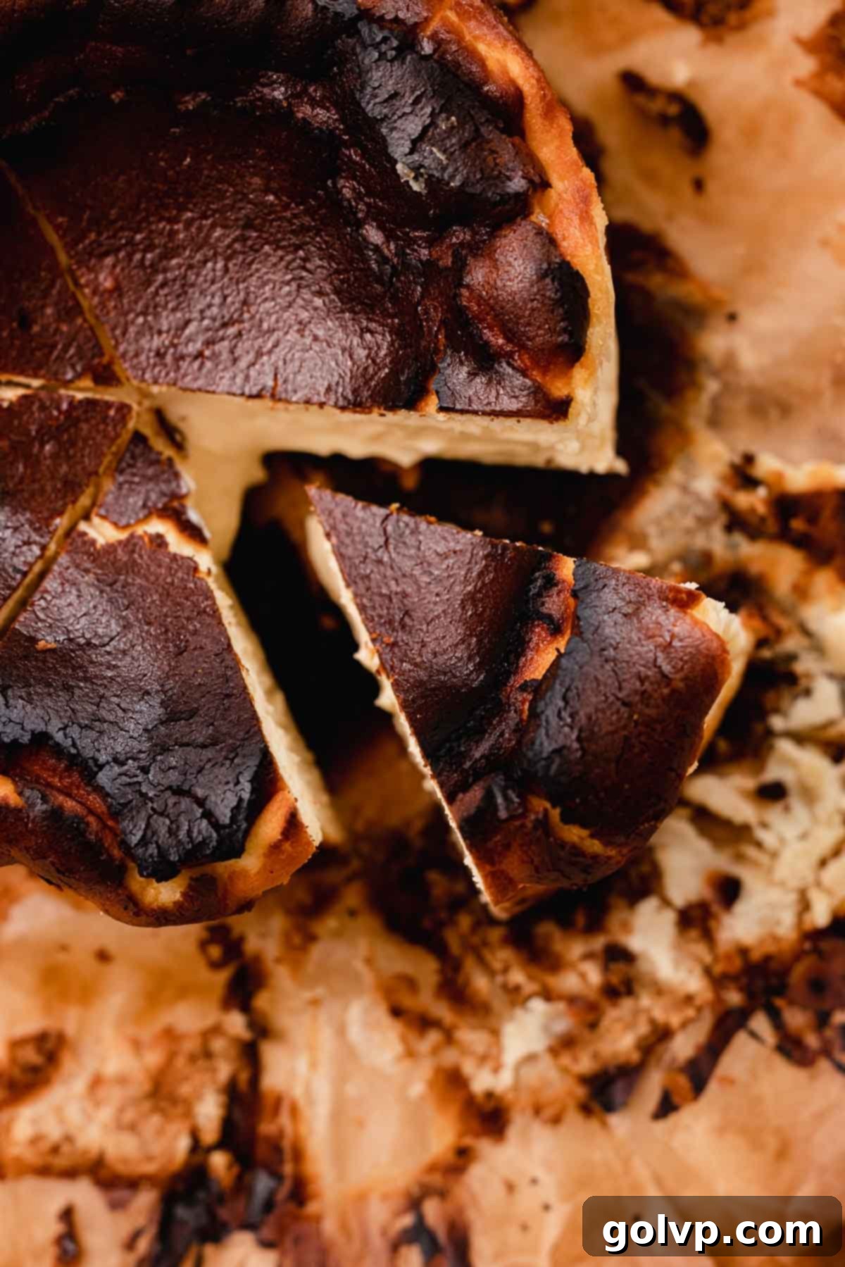 sliced basque cheesecake view from the top