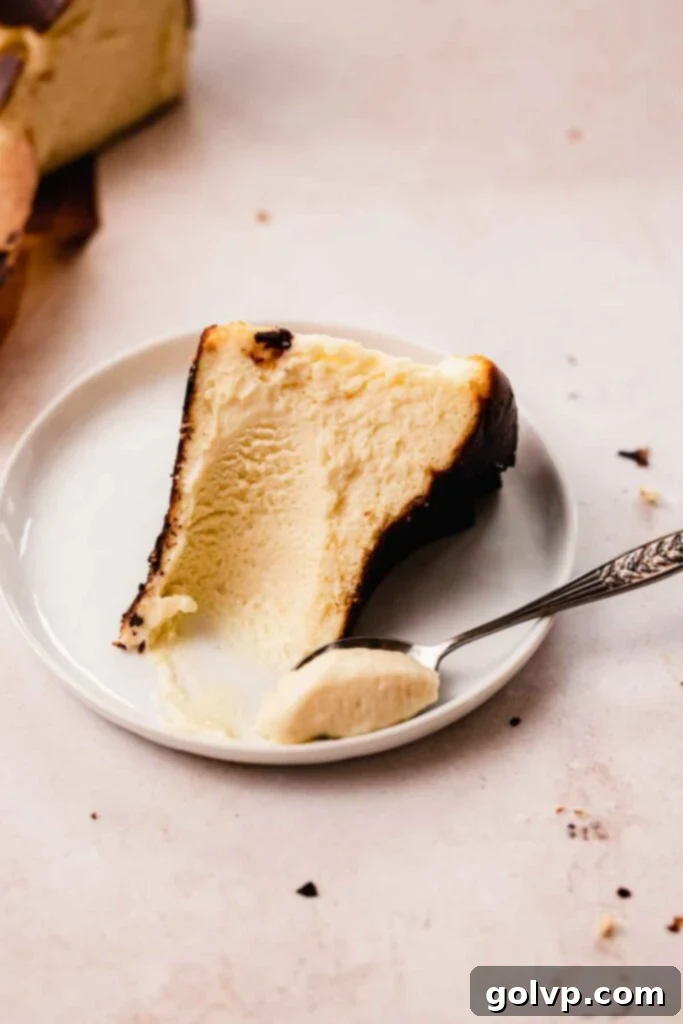 slice of creamy basque cheesecake on plate closeup