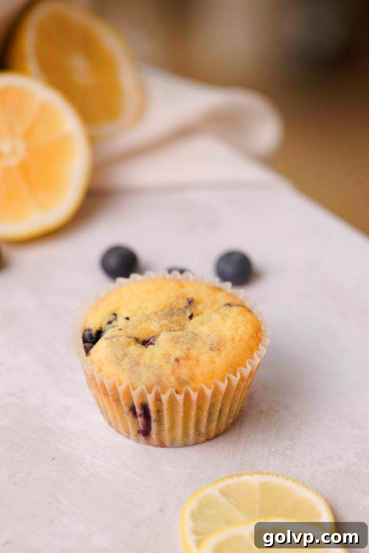 A freshly baked blueberry cupcake, golden brown with visible blueberries.