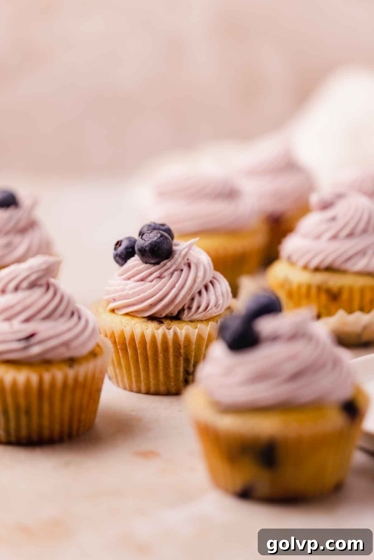 Beautifully frosted blueberry cupcakes arranged on a rustic wooden table.