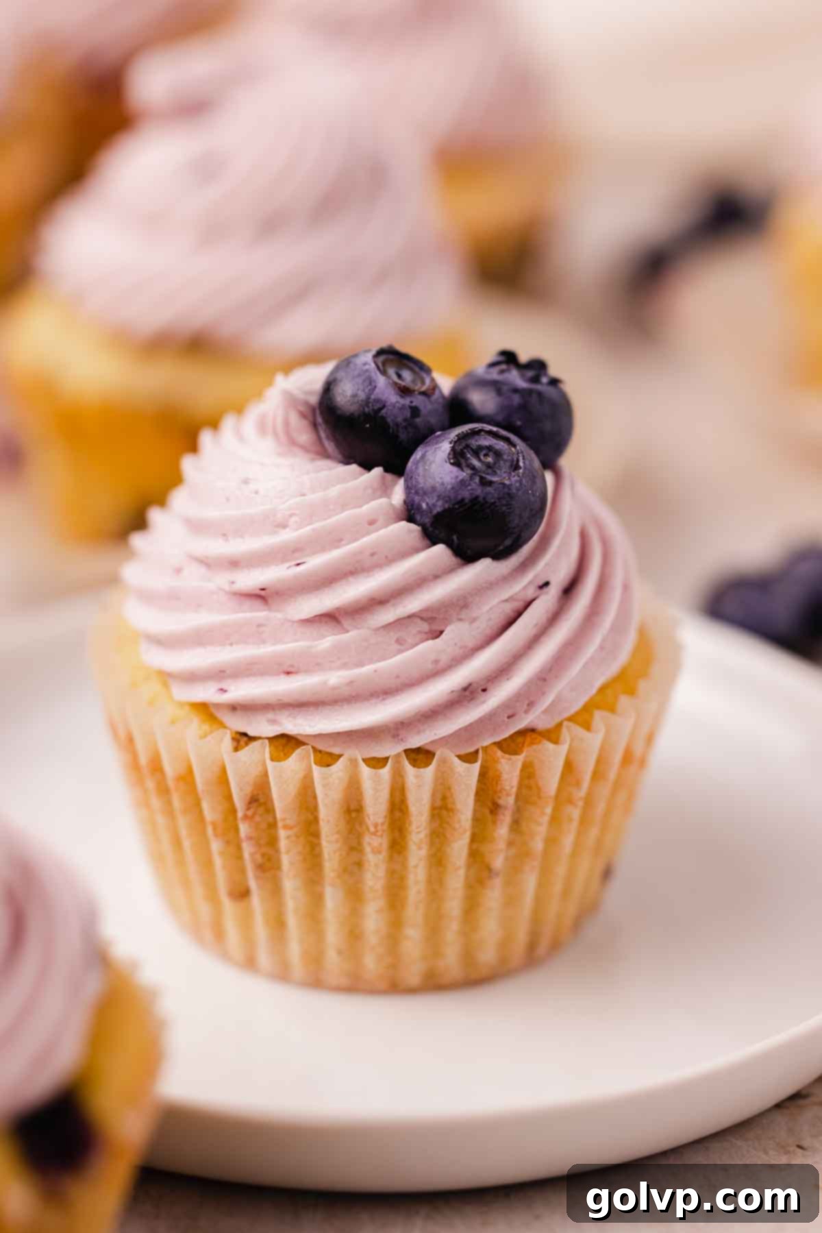 A close-up view of a blueberry cupcake showing the fluffy cake, curd filling, and cream cheese frosting.