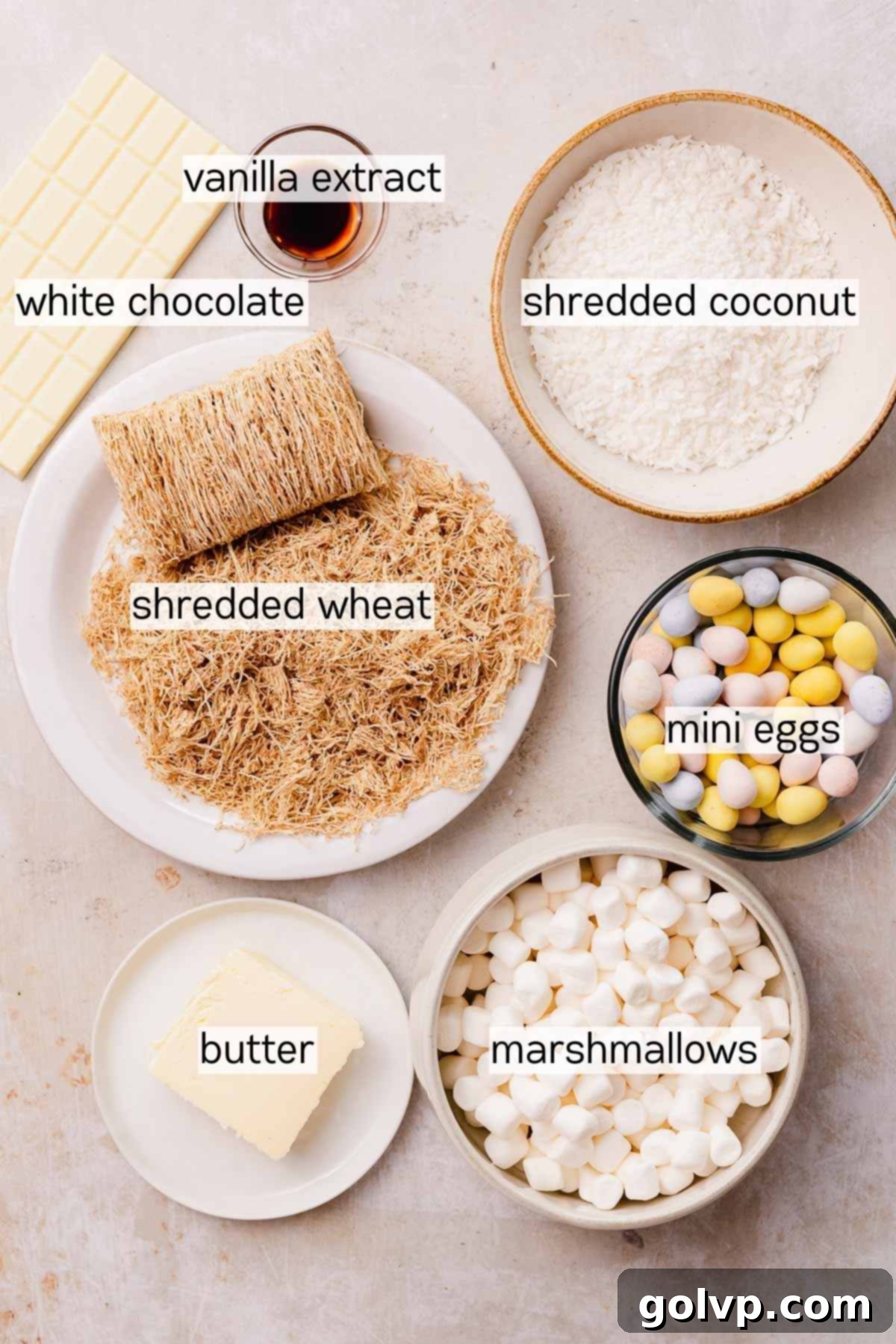 Birds Nest Cookie ingredients displayed in separate bowls on a counter