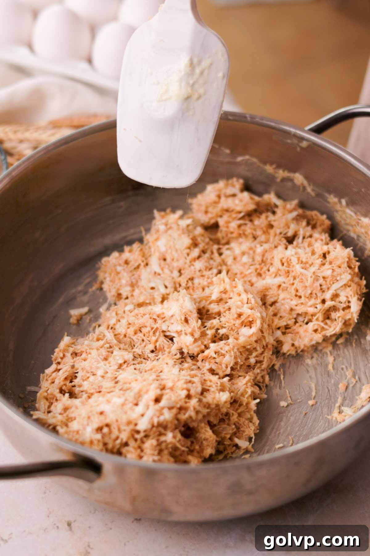 No-bake Birds Nest Cookie dough mixture in a pan after combining all ingredients