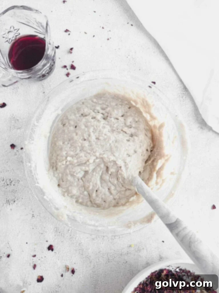 the rose vegan batter is ready to bake
