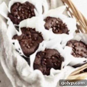 Plant-Powered Double Chocolate Muffins 8 double chocolate muffins in wicker basket, showing their golden tops and rich chocolate color