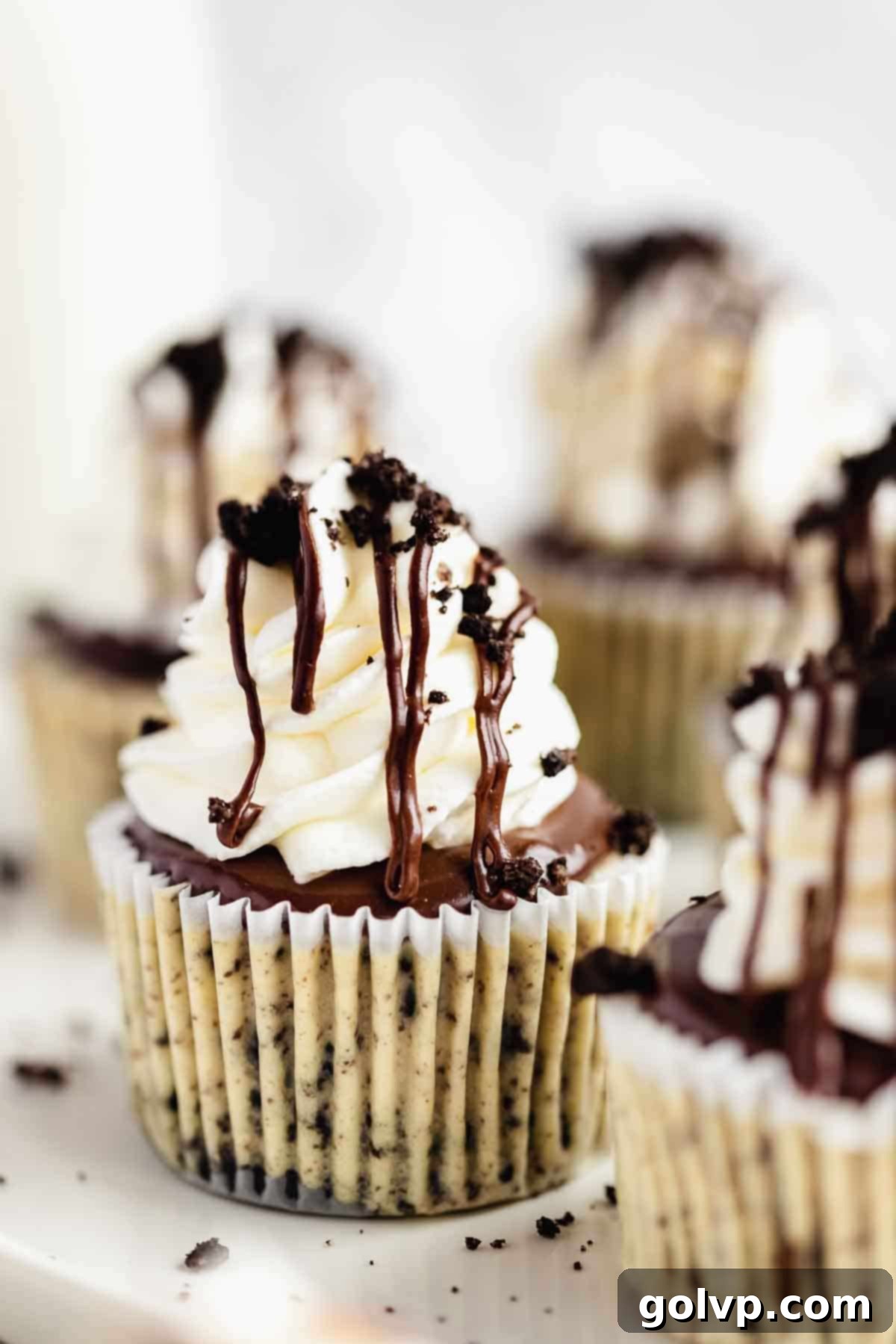 Decorated mini Oreo cheesecake up close with fudge, whipped cream, and crushed Oreos.