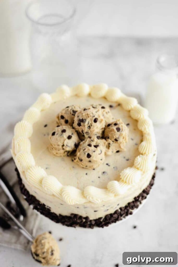 decorated cookie dough cake, showing the finished masterpiece with toppings