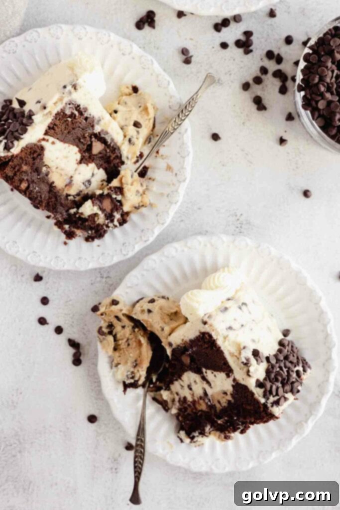 taking a bite of slices of chocolate cake with cookie dough, showing layers and texture