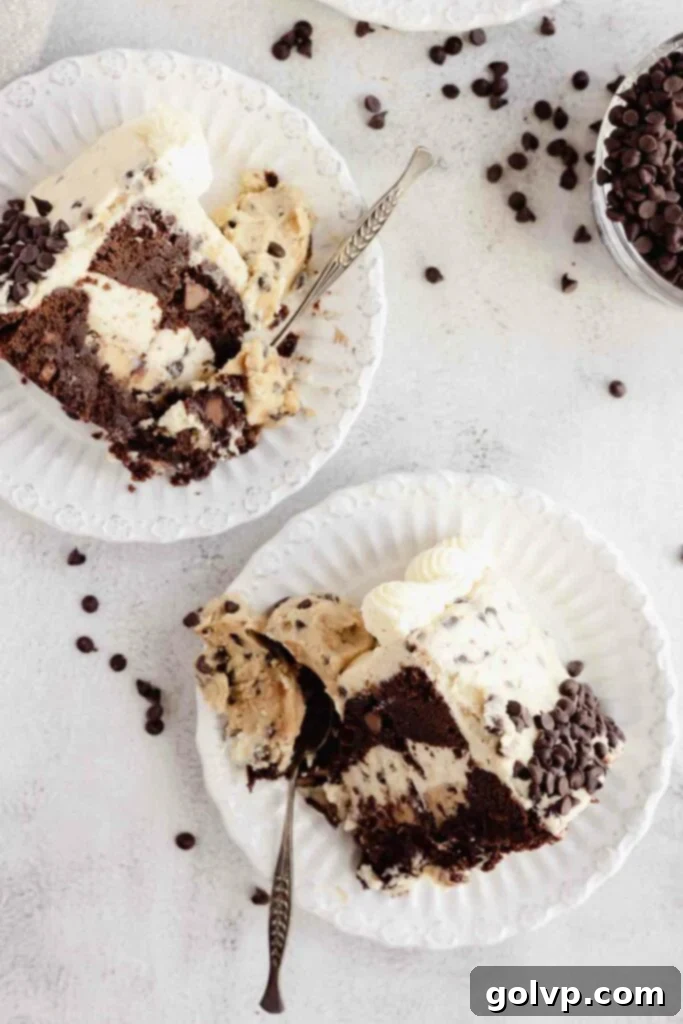 taking a bite of slices of chocolate cake with cookie dough