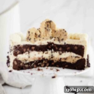 a look inside the cake with brownie layers and cookie dough on top, highlighting the distinct layers