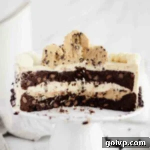 a look inside the cake with brownie layers and cookie dough on top