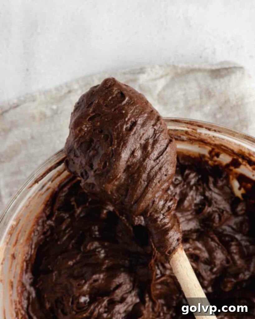 the prepared brownie batter on a spoon, showing its thick and glossy texture
